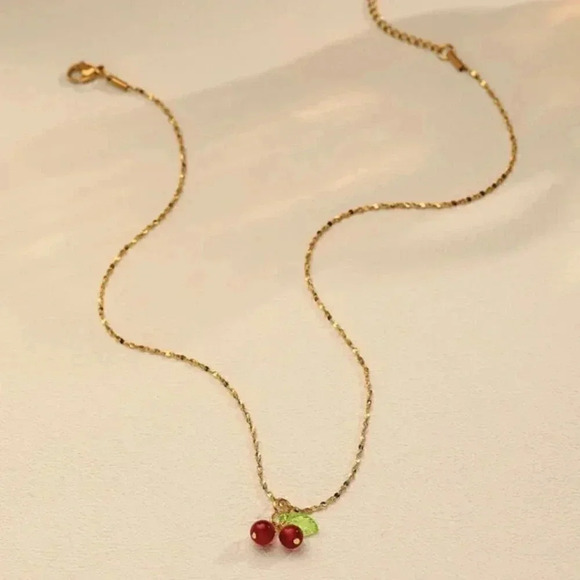 NWT Gold Cherry Necklace - Red Beads Stainless Steel Waterproof Adjustable Chain - Picture 3 of 6